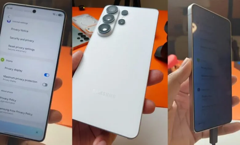 Samsung phone shown in three views: privacy settings, back design, and side profile.