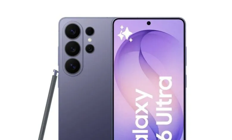 Samsung Galaxy S26 Ultra phone with stylus, showing camera array and screen.