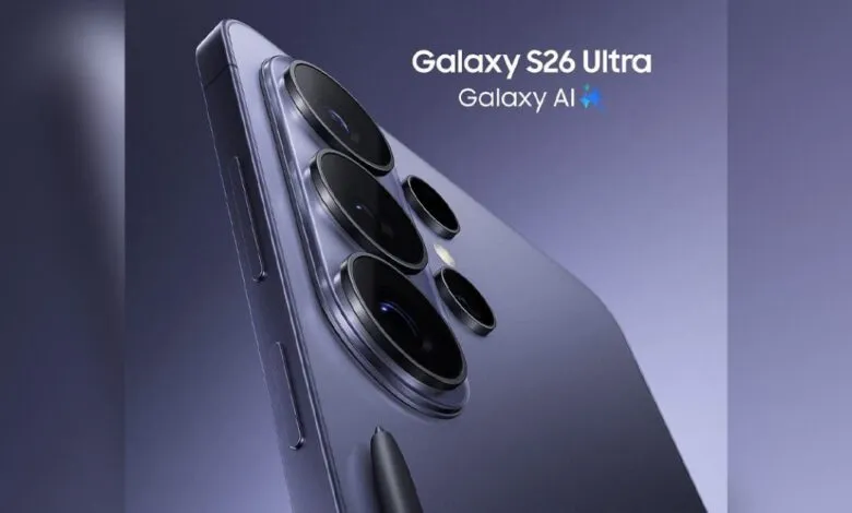 Close-up of the Galaxy S26 Ultra phone with multiple camera lenses.
