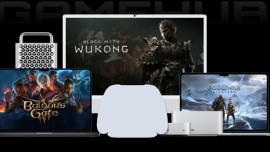 Gaming setup featuring laptops, desktop, and monitor displaying Baldur's Gate, Black Myth: Wukong, and God of War.