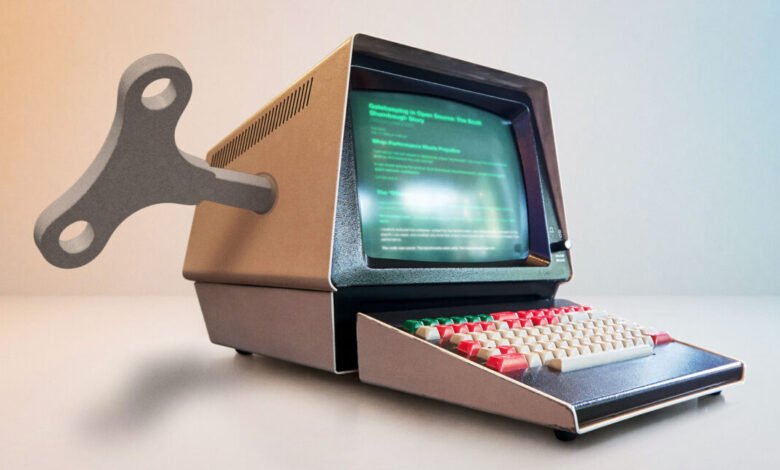 Retro computer with wind-up key, screen displays text.