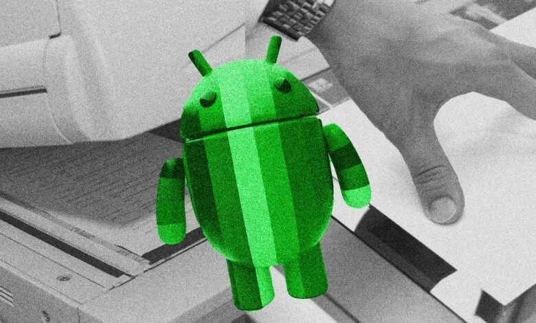 Green Android robot figure on a scanner with a hand placing paper.