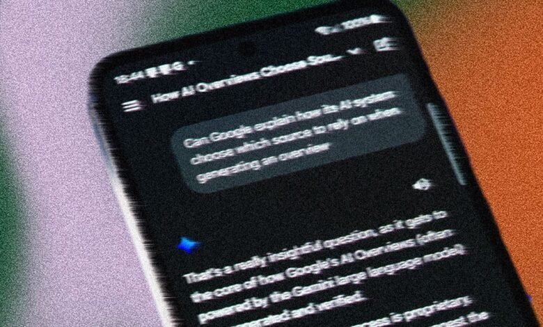 Smartphone displaying Google AI overview conversation with Gemini model.