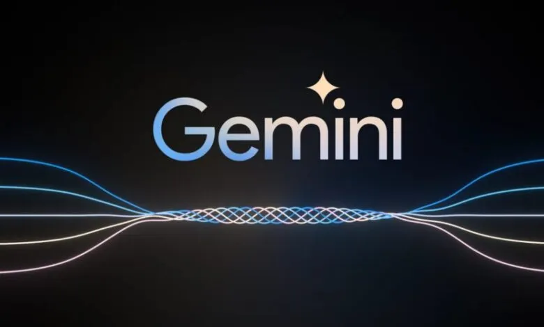 Gemini logo with star and interwoven blue and pink lines on black background.