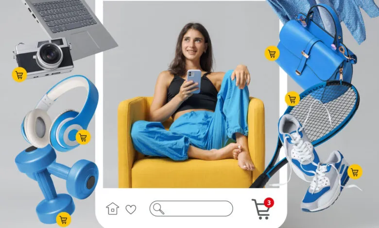 Young woman on phone surrounded by shopping items in a social media frame.