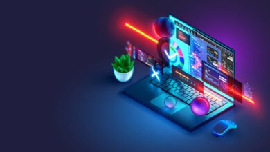 Isometric view of laptop displaying data visualizations with neon accents.