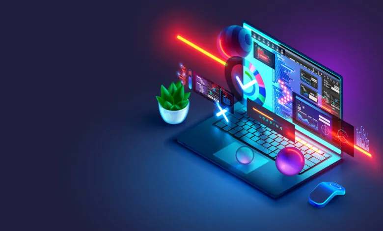 Isometric view of laptop displaying data visualizations with neon accents.