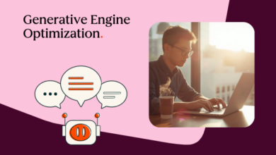 Generative Engine Optimization graphic with man using laptop and chatbot.