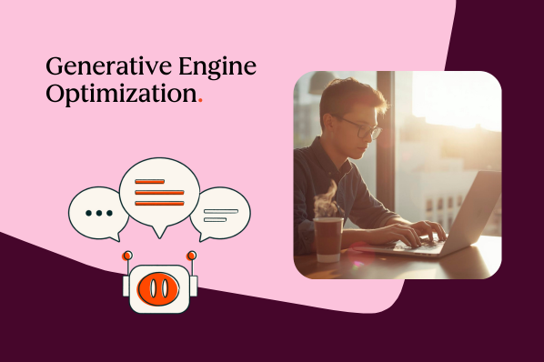 Generative Engine Optimization graphic with man using laptop and chatbot.