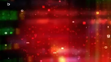 Abstract background with floating letters and numbers in red and green.