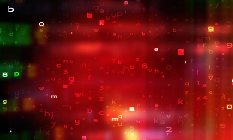 Abstract background with floating letters and numbers in red and green.