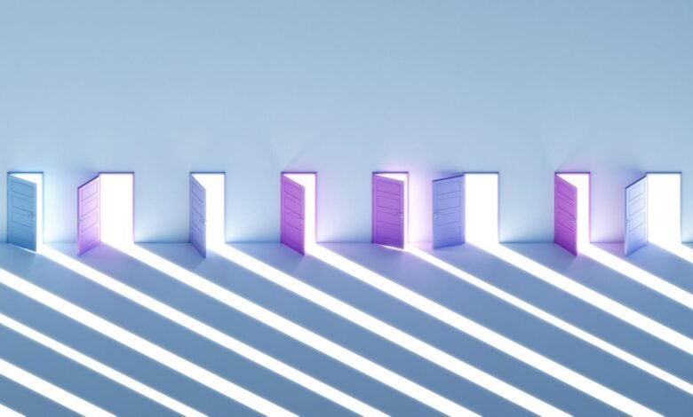 Row of open doors in a wall, casting bright shadows.