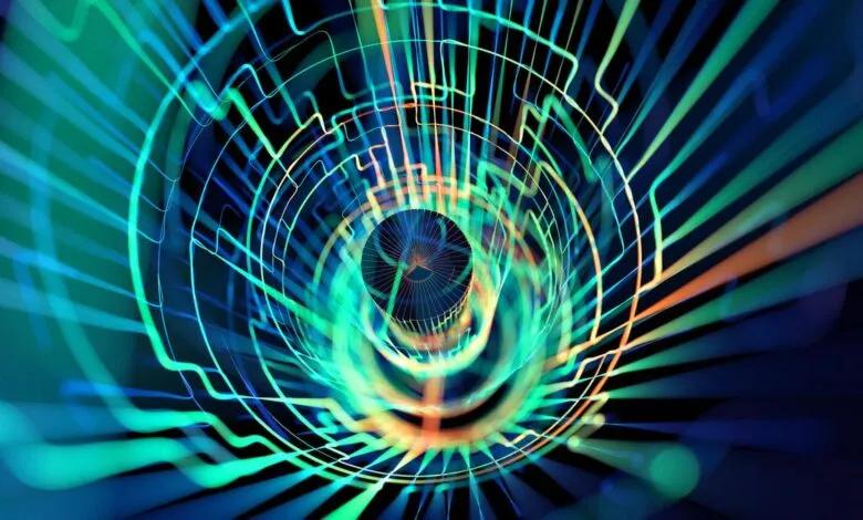 Abstract tunnel of glowing blue, green, and orange lines converging toward a central point.