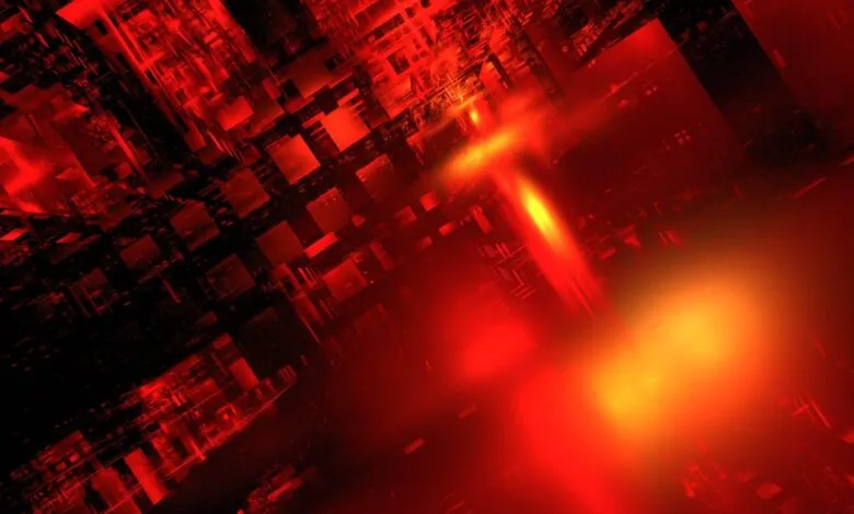 Abstract red and black geometric shapes with bright light.