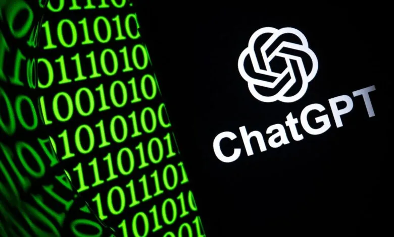 ChatGPT logo and binary code on a black background.