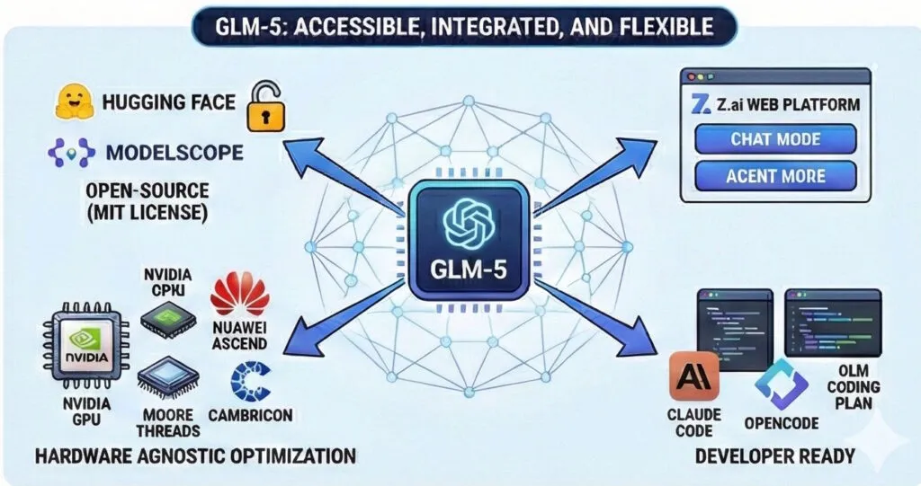 GLM-5 diagram showing accessibility, integration, flexibility, and hardware optimization.