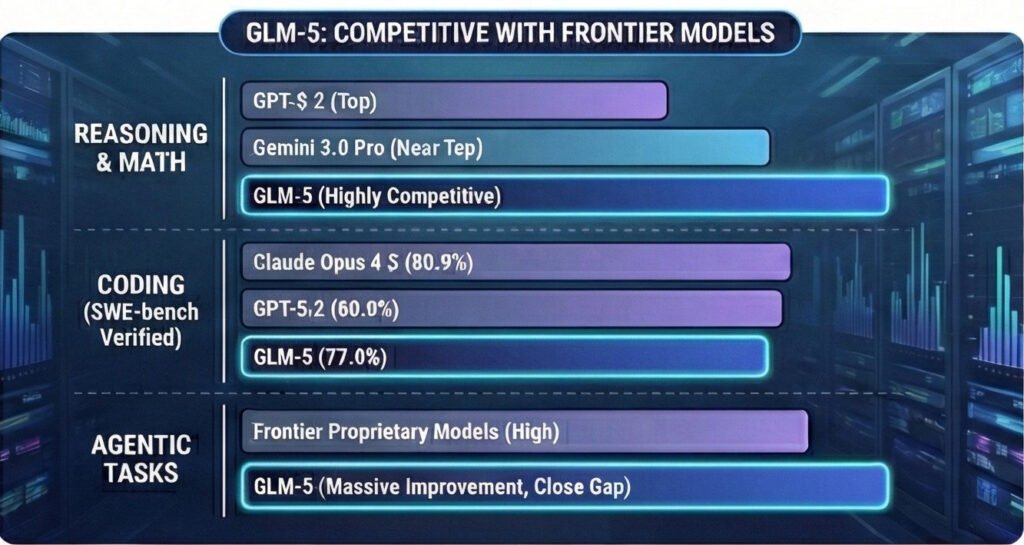 GLM-5 performance benchmark against other models in reasoning, coding, and agentic tasks.