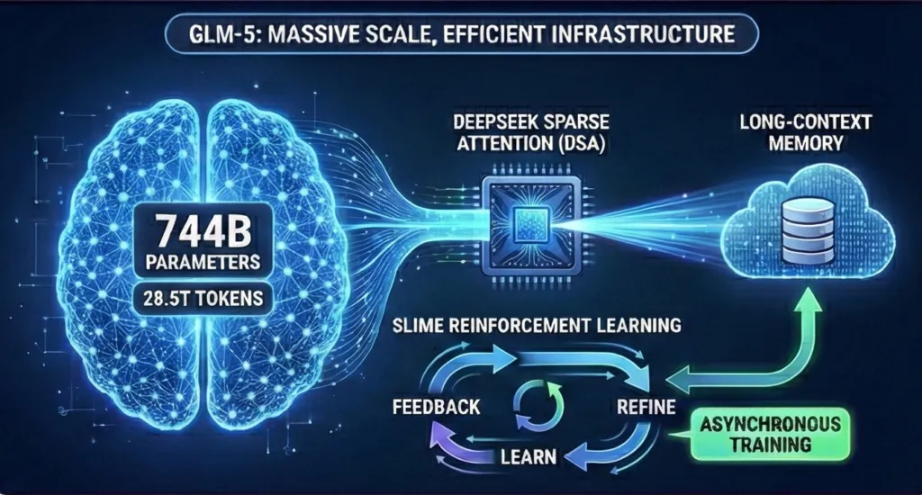 GLM-5 architecture diagram showing brain, chip, cloud, and learning loop.