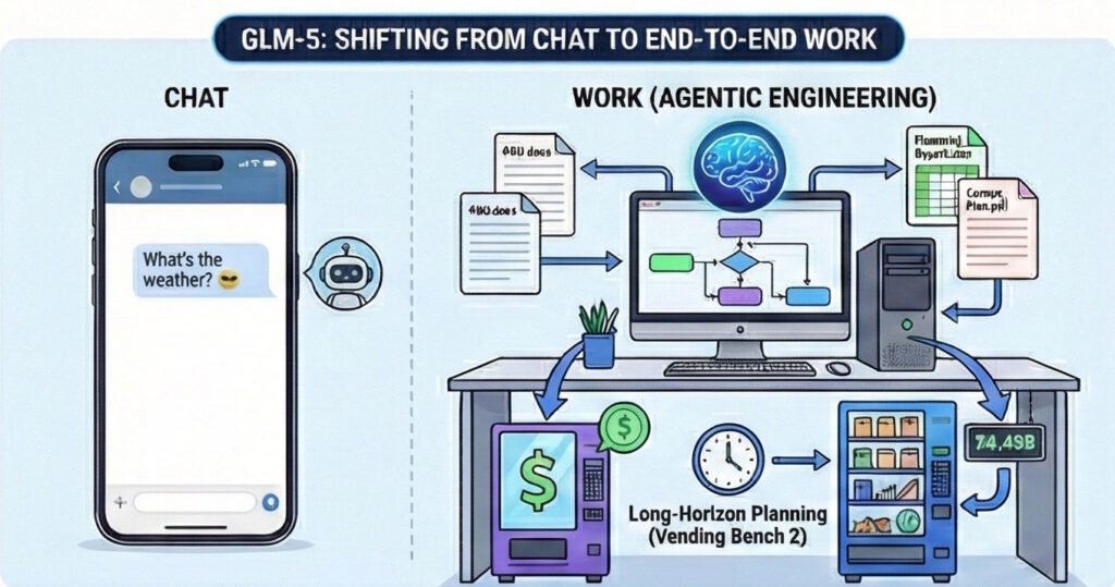 Illustration showing the shift from chat-based to end-to-end work using agentic engineering.