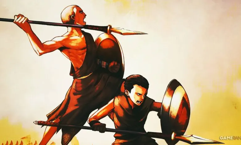 Stylized illustration of Kratos and Atreus charging into battle with spears and shields.