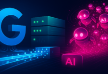 Abstract illustration of Google AI systems with data flow and AI robots.