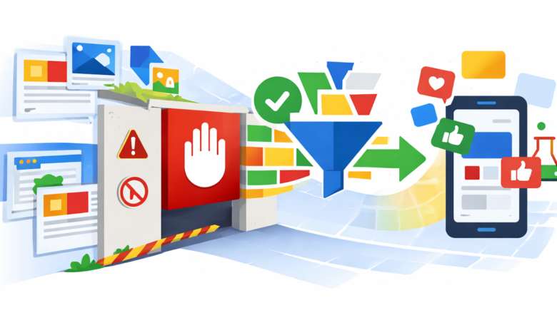 Content filtering process illustrated with a gate, funnel, and smartphone.