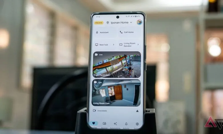 Google Home app displayed on a smartphone showing live camera feeds.