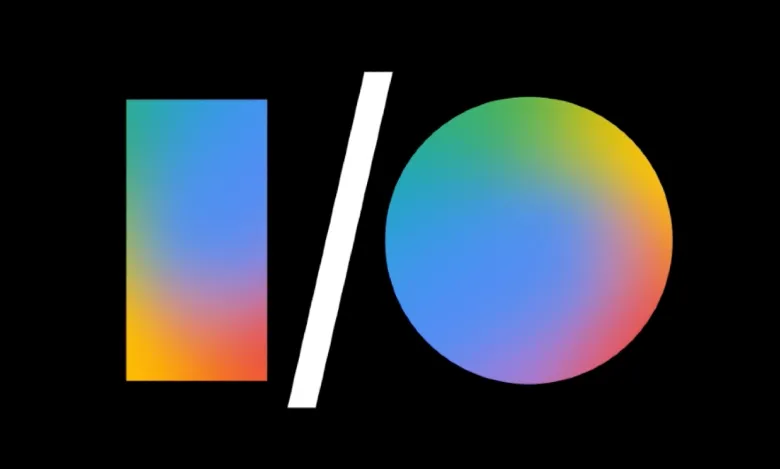 Google I/O logo with colorful rectangle, slash, and circle on black background.