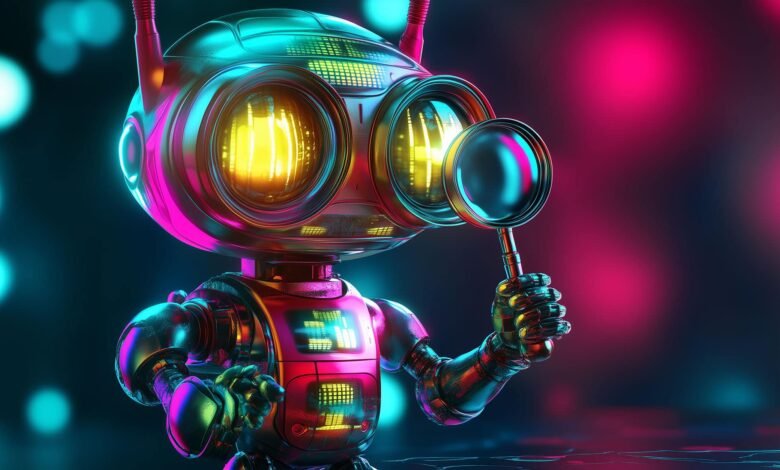 Neon robot with large eyes holds magnifying glass, futuristic design.