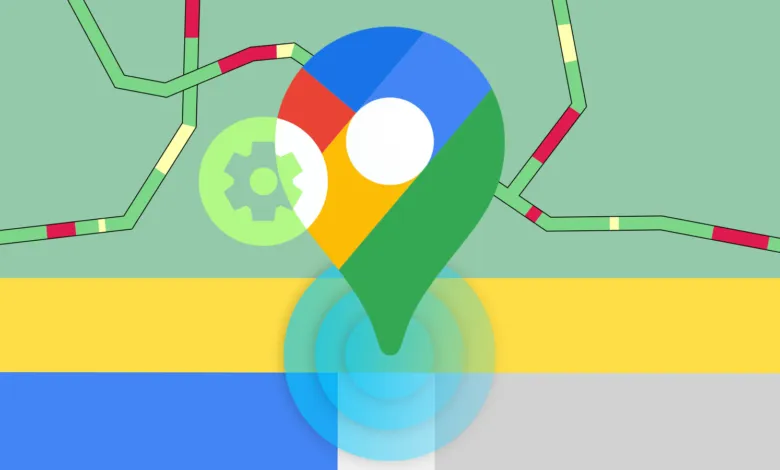 Google Maps pin on map with traffic and settings icon.