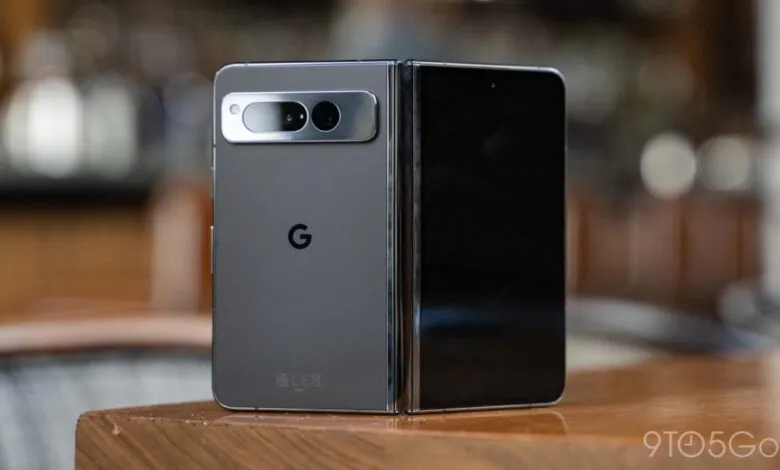Folded Google Pixel Fold smartphone showing camera bar and Google logo.