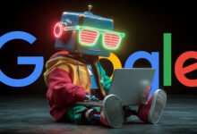 Robot with neon glasses using laptop, Google logo in background.
