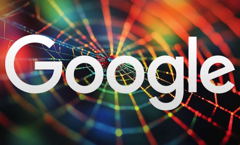 Google logo overlaid on a colorful, abstract spiderweb background.