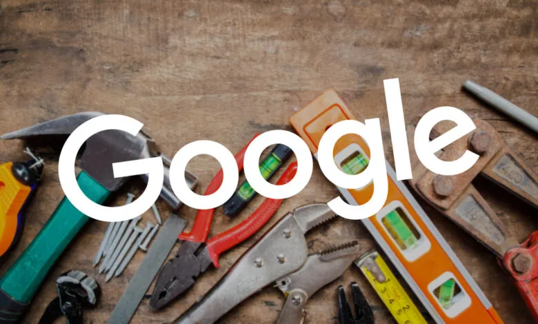 Various hand tools arranged on a wooden surface with the word 'Google' overlaid.