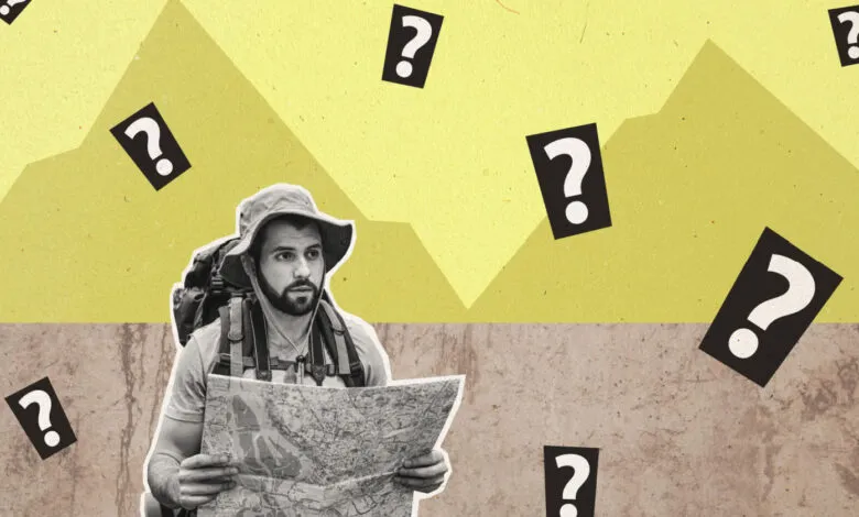 Lost hiker with backpack looks at map surrounded by question marks.