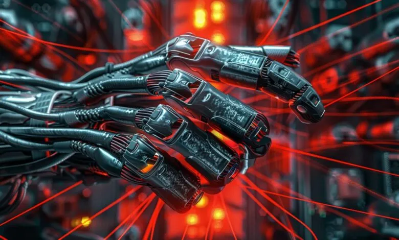 Close-up of a robotic hand with wires and red laser beams.