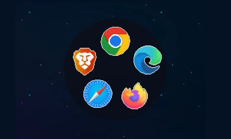 Pixelated browser logos: Chrome, Edge, Firefox, Safari, Brave on dark background.