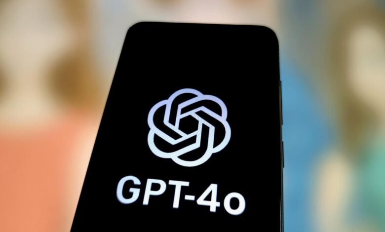 Smartphone displaying the GPT-4o logo on a black screen.