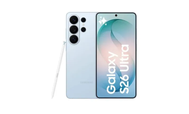 Samsung Galaxy S26 Ultra phone with S Pen on a white background.