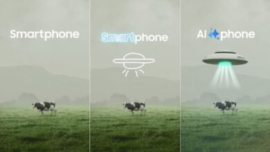 Three-panel image showing evolution from smartphone to AI phone with UFO.