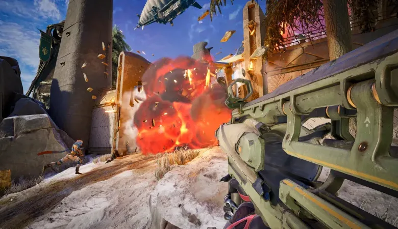 First-person view of a video game with an explosion and character.