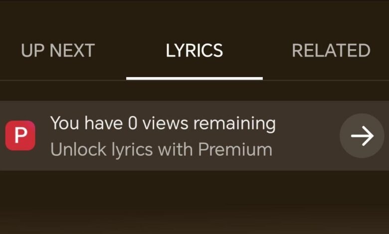 Screenshot of YouTube Music lyrics feature locked behind Premium subscription.