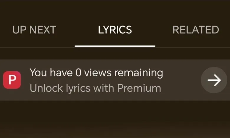 Screenshot of YouTube Music lyrics feature locked behind Premium subscription.