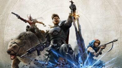 Fantasy characters: armored warrior, hooded sniper, horned rider on bear, all armed.