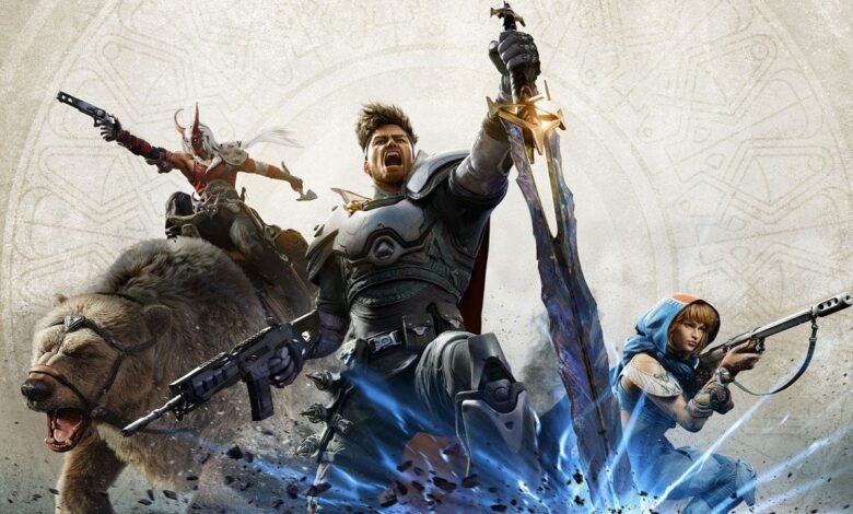 Fantasy characters: armored warrior, hooded sniper, horned rider on bear, all armed.