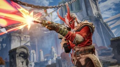 Character with horned mask fires weapon in fantasy landscape.