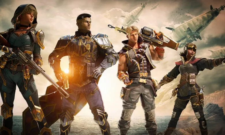 Four armed characters stand ready against a backdrop of airships and rocky terrain.