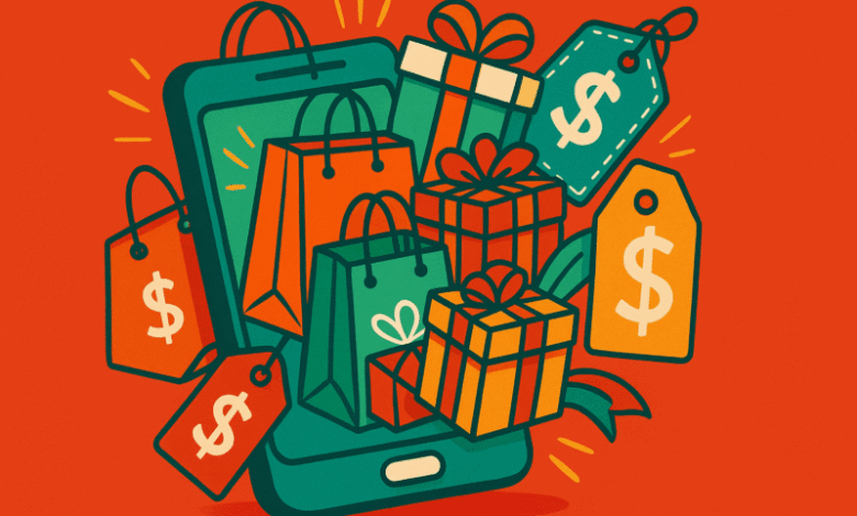 Mobile phone displaying shopping bags, gifts, and price tags.