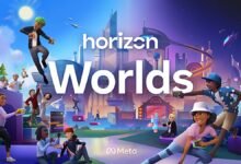 Horizon Worlds promotional image with diverse avatars in a virtual landscape.