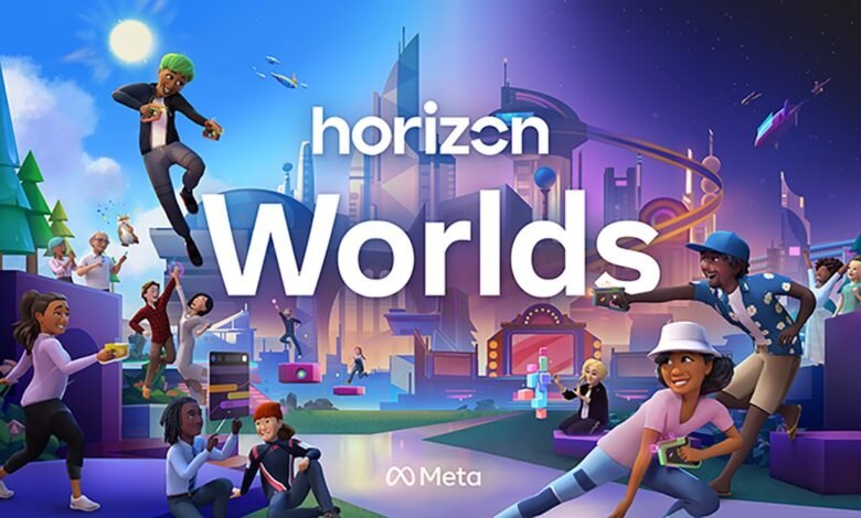 Horizon Worlds promotional image with diverse avatars in a virtual landscape.